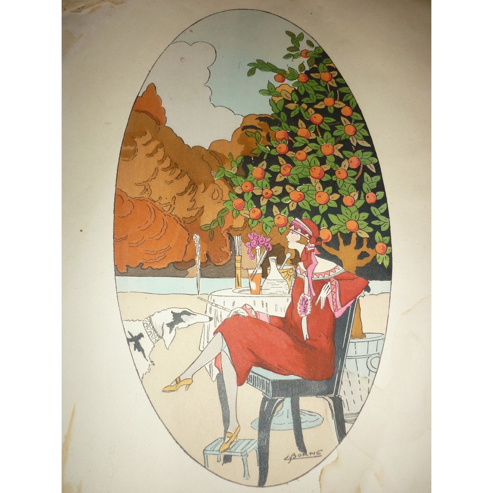 Vintage E‎ Borne Art Print Woman In Red Dress By Orange Tree Silkscreen 10x6"